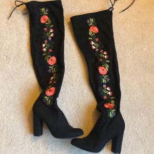 Embroidered over the Knee Black Boots with Drawstring back and half zip